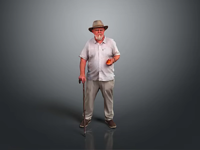 Man with Beard and Hat Wearing Light Shirt and Pants Holding Cane in Gray Background 3d model