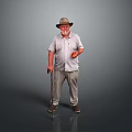 Man with Beard and Hat Wearing Light Shirt and Pants Holding Cane in Gray Background