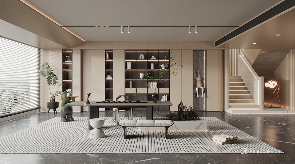 Modern Tea Room Interior With Wooden Tea Table Bookshelves Green Plants And Comfortable Seats 3d model 