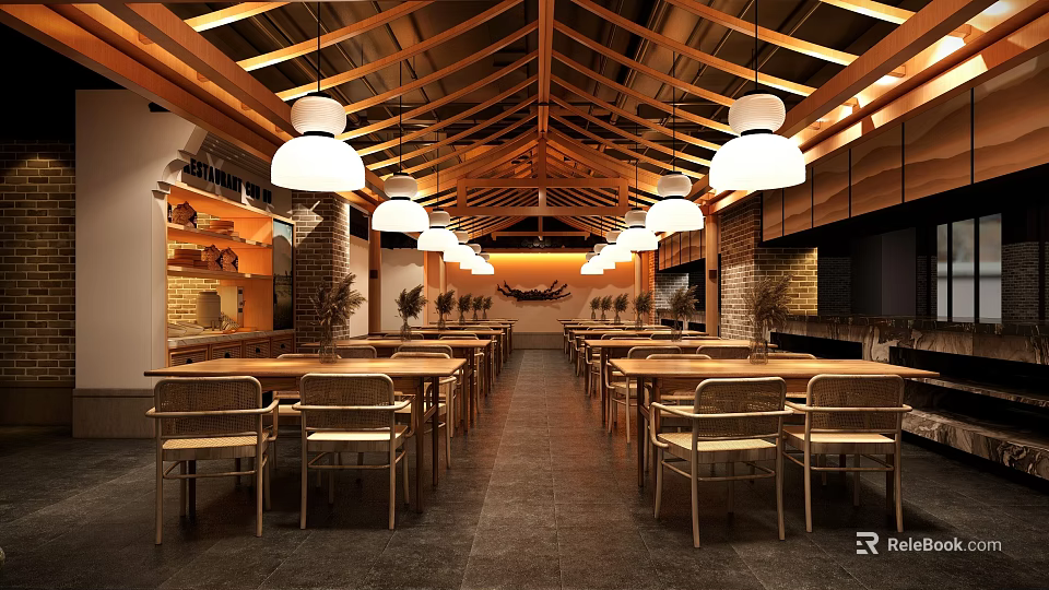 Modern Restaurant Interior Design With Wooden Ceiling Pendant Lights And Long Tables Chairs 3d model 