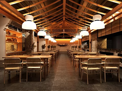 Modern Restaurant Interior Design With Wooden Ceiling Pendant Lights And Long Tables Chairs 3d model
