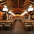 Modern Restaurant Interior Design With Wooden Ceiling Pendant Lights And Long Tables Chairs