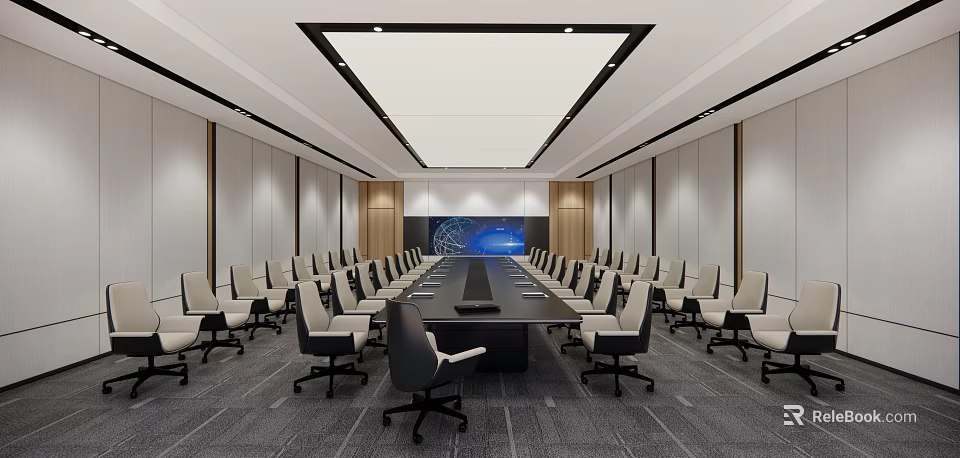 Modern Conference Room Interior Design With Long Table Comfortable Chairs And Digital Screen 3d model