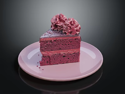 Delicious Purple Layered Cake With Flower Frosting On Pink Plate 3d model