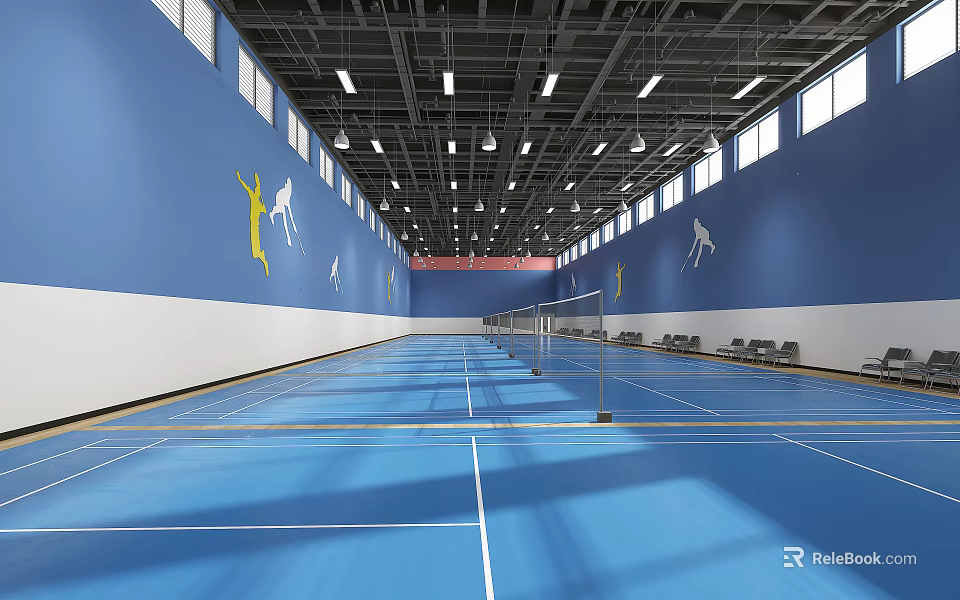 Indoor Badminton Court With Blue Floor Sport Figure Graphics And Fitness Area Setup 3d model 
