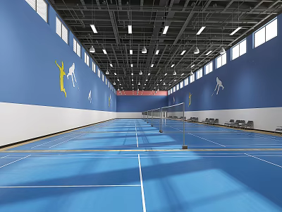 Indoor Badminton Court With Blue Floor Sport Figure Graphics And Fitness Area Setup 3d model