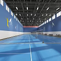 Indoor Badminton Court With Blue Floor Sport Figure Graphics And Fitness Area Setup