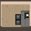 Light Wood Sideboard With Black Oven And Refrigerator In Modern Kitchen