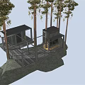 Wooden Treehouse Structure In Forest With Stone Base And Connected Cabins