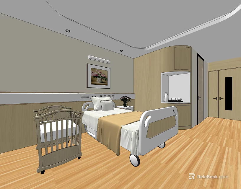 Nursing Room Interior With Hospital Bed Baby Crib Wooden Floor Picture And Cabinets 3d model 