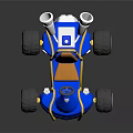 Blue Go Kart With Orange Seat Large Wheels And Silver Exhaust Pipes