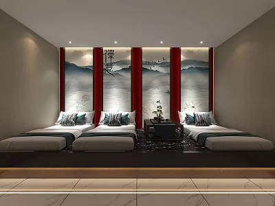 SPA Sauna Relaxing Room With Comfortable Massage Beds And Traditional Landscape Paintings 3d model