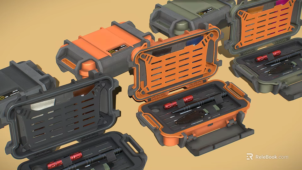 Industrial Equipment Tool Cases In Multiple Colors Orange Gray Green Open And Closed Storage 3d model 