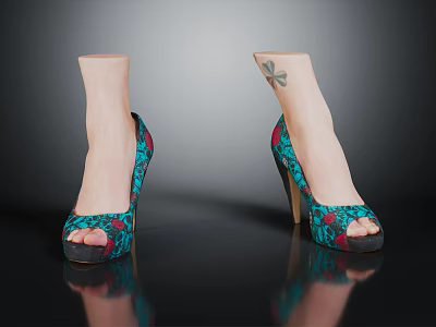 Stylish Turquoise Peep Toe High Heels With Red Floral Pattern And Black Accents 3d model