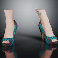 Stylish Turquoise Peep Toe High Heels With Red Floral Pattern And Black Accents