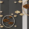 Stylish Wall Decor With Gold And Brown Cloud Patterns In Circular Frames On Black Striped Background 3d model