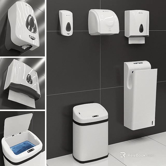 Modern Public Restroom Facilities With Soap Dispensers Tissue Holders And Trash Bins 3d model 