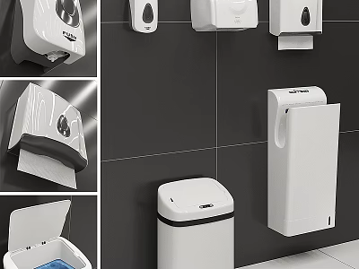 Modern Public Restroom Facilities With Soap Dispensers Tissue Holders And Trash Bins 3d model
