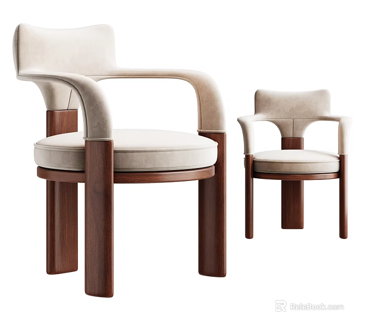 Modern Dining Chairs With Beige Upholstered Seats Curved Armrests And Dark Wooden Legs 3d model 