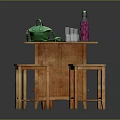 Wooden Table And Stools Set With Green Bag Clear Cups And Purple Water Bottle