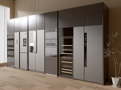 Modern Kitchen Interior Design With Integrated Cabinets Refrigerator Freezer And Wine Cooler 3d model