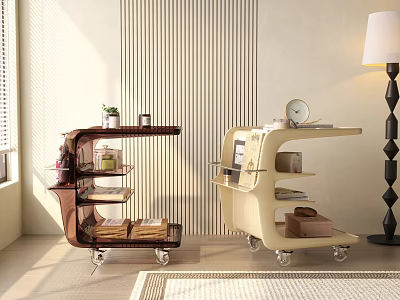 Two Modern Wheeled Console And Side Cabinets With Multi Tiered Shelves And Decorative Items 3d model