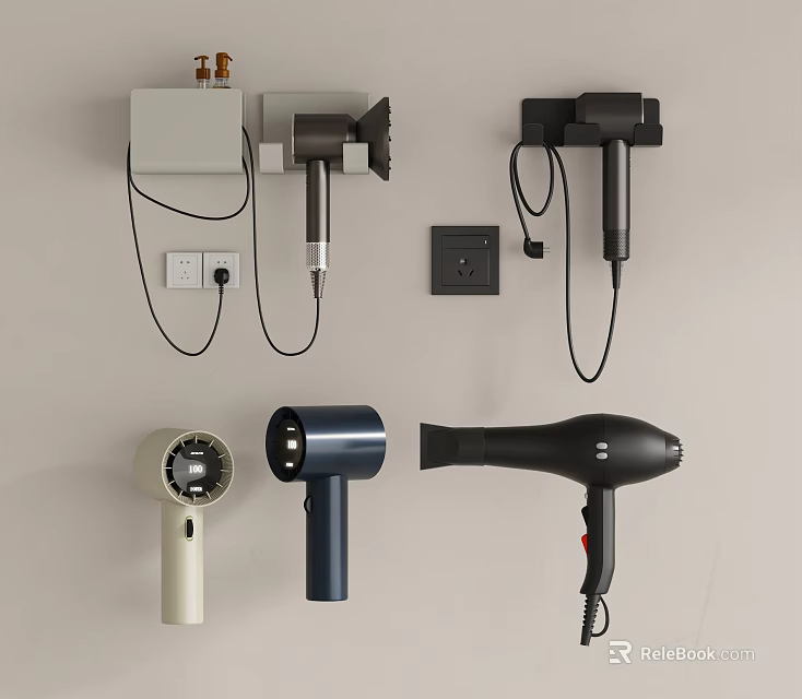 Different Types Of Hair Dryers Featuring Wall Mounted And Handheld Models 3d model 