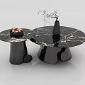 Modern Black Marble Coffee Tables With Round Top Unique Base Decorative Vase And Nut Tray