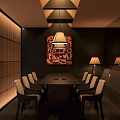 Elegant Private Room Interior With Long Table Chairs Vertical Slat Wall And Pendant Lights