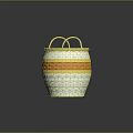 Yellow Handle Wicker Storage Basket With Orange Yellow Stripes And Woven Design
