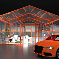 Glass Building With Orange Frame Interior Tables Chairs Plants And Nearby Orange Car