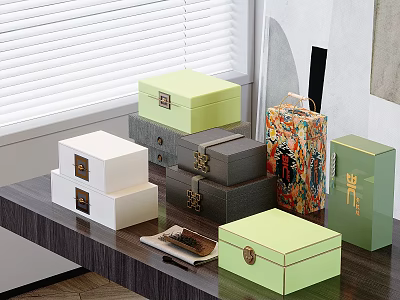 Stylish Storage Boxes For Home Displayed On Table Near Window 3d model