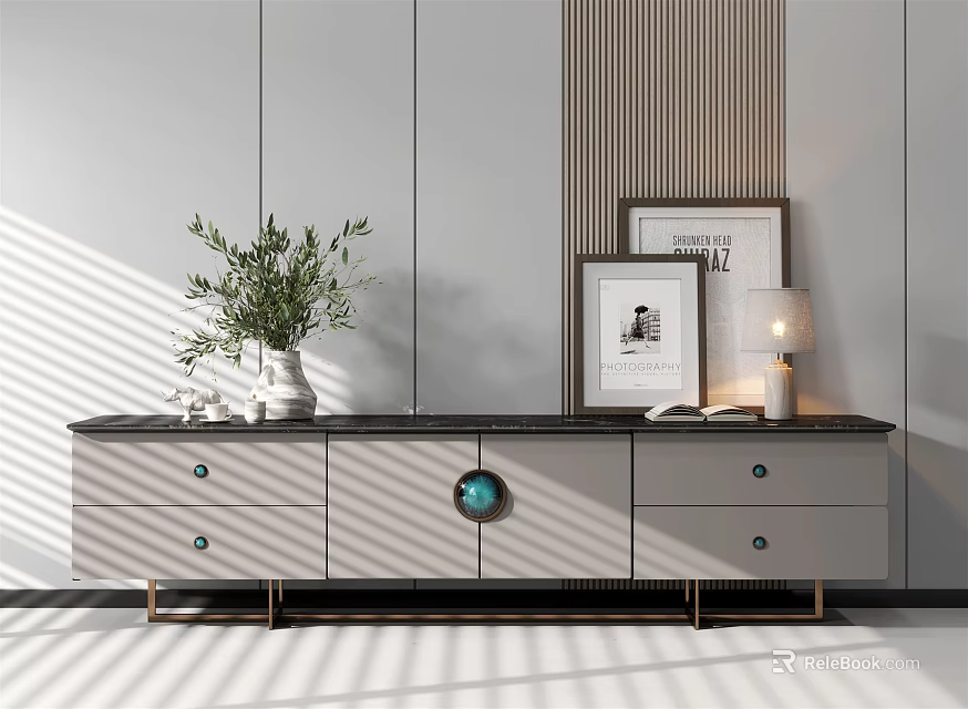 Modern TV Stand With Gray Drawers Black Countertop Circular Decor Green Plant And Decorative Frames 3d model 
