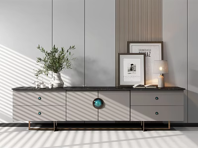 Modern TV Stand With Gray Drawers Black Countertop Circular Decor Green Plant And Decorative Frames 3d model