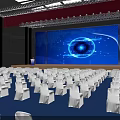 Modern Conference Hall Setup Featuring Blue Lighting Large Screen Eye Graphic And Seats