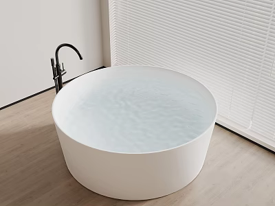 Minimalist Interior White Round Bathtub With Black Faucet Wooden Floor And Blinds 3d model