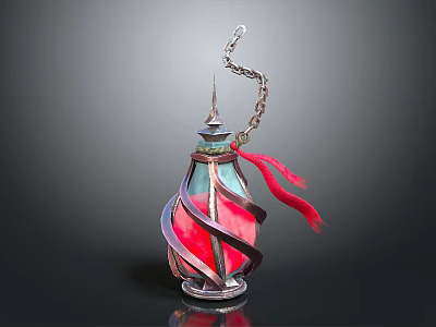 Decorative Colored Glass Lantern With Metal Frame Red Ribbon And Chain 3d model