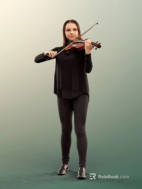 A Woman Playing Violin Wearing Black Top And Black Pants In Simple Gradient Background 3d model 