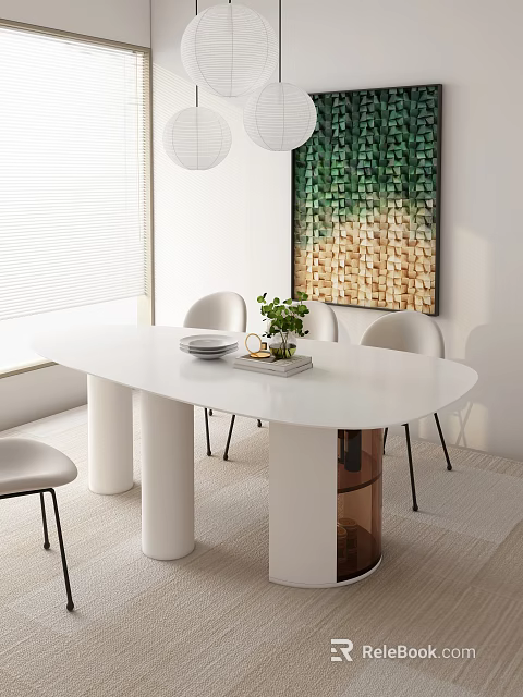 Modern Dining Table Set With White Surface Four Chairs Green Plant And Wall Art 3d model 