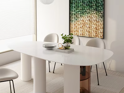 Modern Dining Table Set With White Surface Four Chairs Green Plant And Wall Art 3d model