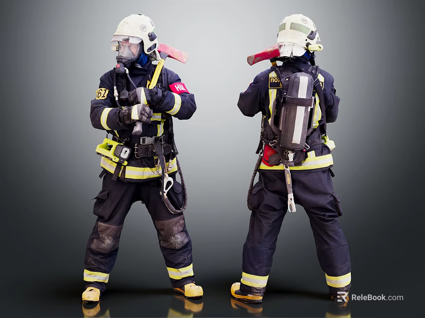 Men in Firefighter Full Protective Gear Helmet Oxygen Tank Rescue Tools Front and Back View 3d model 