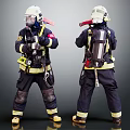 Men in Firefighter Full Protective Gear Helmet Oxygen Tank Rescue Tools Front and Back View