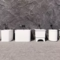 Multiple White Bathroom Sinks In Different Styles Against Stone Wall 3d model
