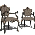 Elegant Carved Dining Chairs With Black Frame Gold Trim And Light Brown Upholstery