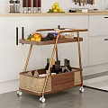 Wheeled Two Tier Wooden Rattan Side Table for Kitchen Storage with Fruits and Wine Bottles