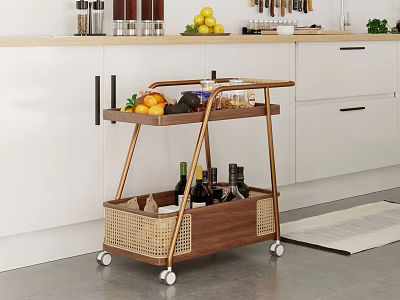 Wheeled Two Tier Wooden Rattan Side Table for Kitchen Storage with Fruits and Wine Bottles 3d model