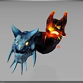 Two Headed Mythical Dragon Creature With Blue Ice And Red Flame Features