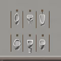 Six Sleek Contemporary Wall Mounted Urinals With Wooden Partitions On Beige Wall