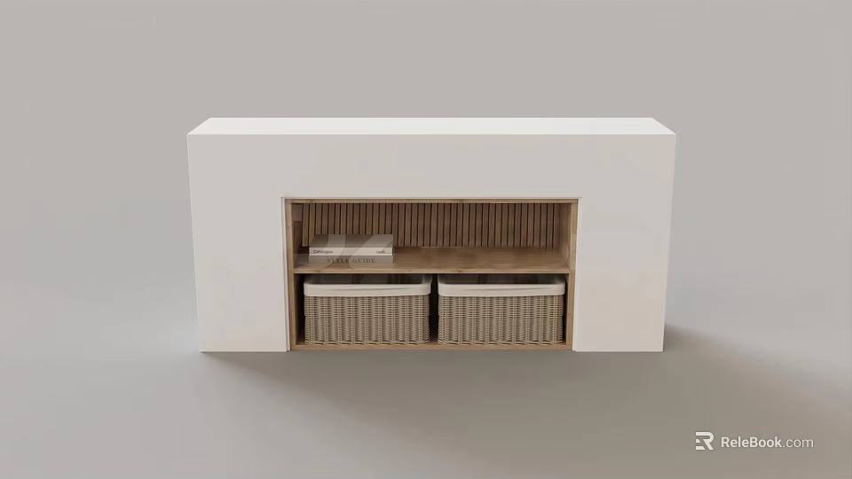 Modern Minimalist White Entryway Cabinet Sideboard With Layered Storage And Two Woven Baskets 3d model 