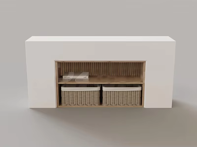 Modern Minimalist White Entryway Cabinet Sideboard With Layered Storage And Two Woven Baskets 3d model